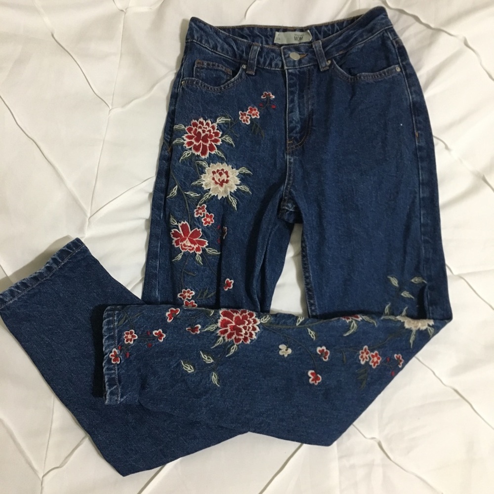 Topshop Embroidered Mom Jeans